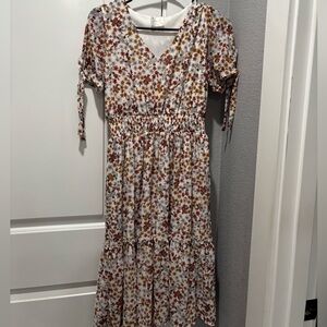 White Floral Midi Dress with Smocked Waist